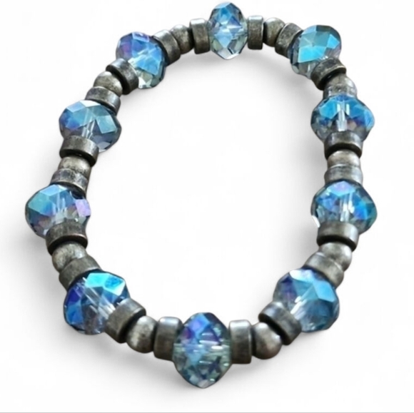 Beaded Iridescent Crystal Stretch Bracelet Blue Silver Tone - Picture 1 of 4